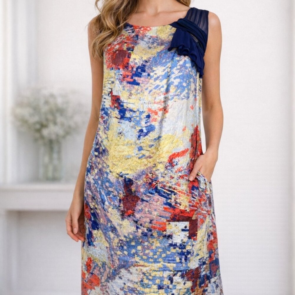 Hanii Y Womens Silk Dress Sleeveless Abstract Ocean Blue Size IT 44 / US Med NEW